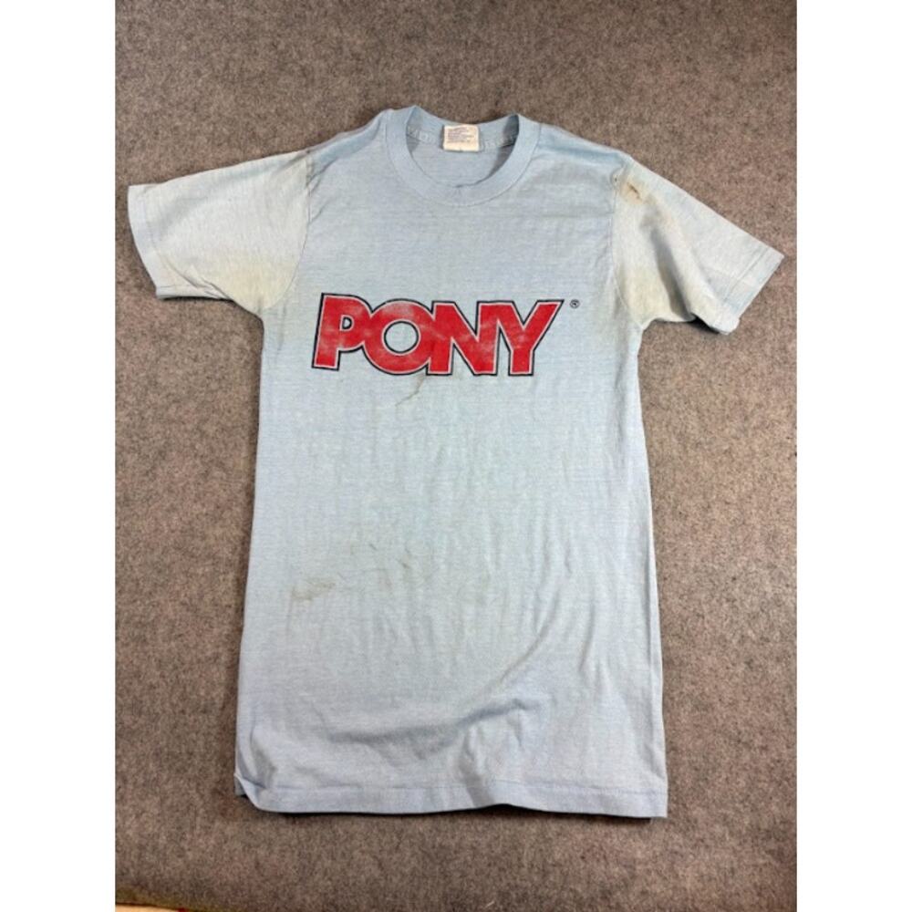 Vintage 80s PONY Graphic Tee Shirt Mens Small Baby Blue Retro Skater Streetwear